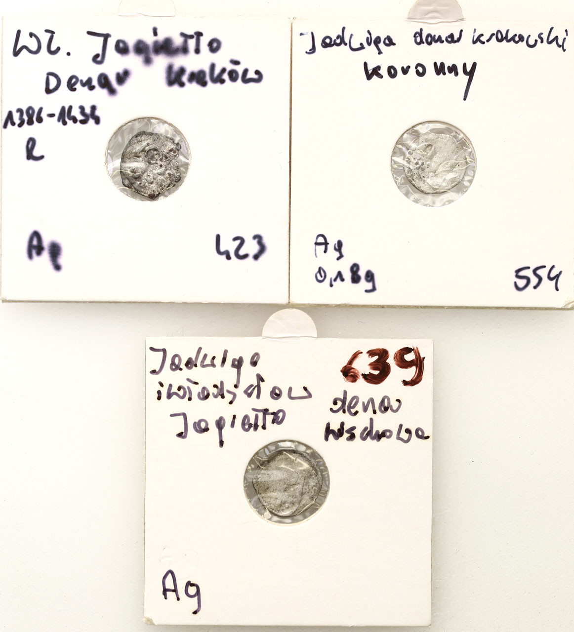 Jadwiga i Władysław Jagiełło (1386-1399). Denar, Wschowa i Kraków, zestaw 3 monet